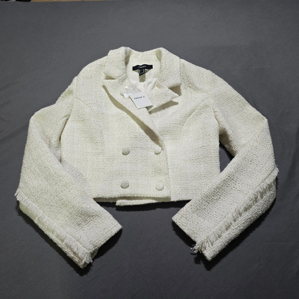 Forever 21 Tweed Blazer Women Medium Cream Cropped Double Breasted Fringe